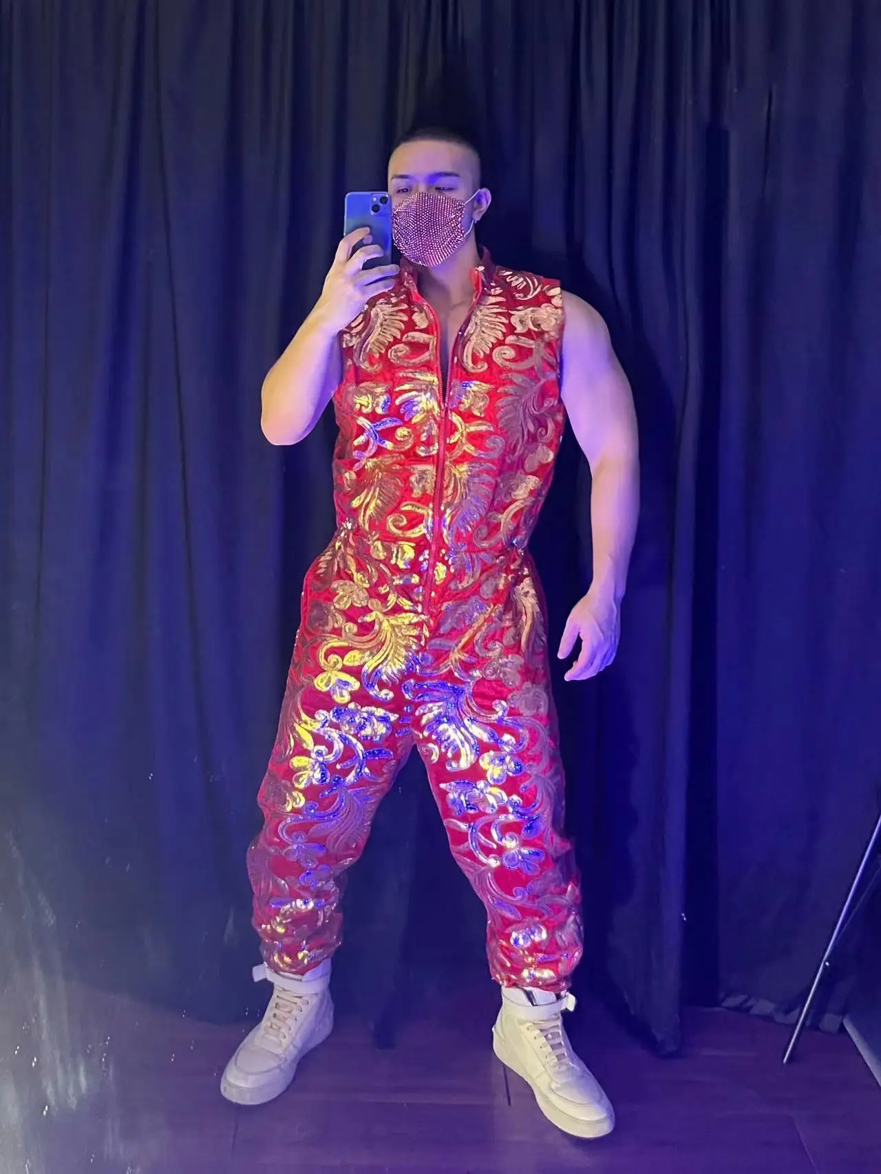 Новинка мужской комбинезон без рукавов с золотой вышивкой и блестками Женская