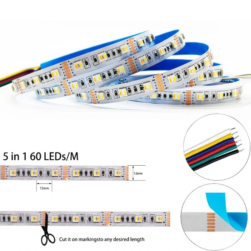 

12MM SMD5050 6000K 3000K 60LEDs Per Meter RGBW WW 5 IN 1 Flex LED Strip Lighting