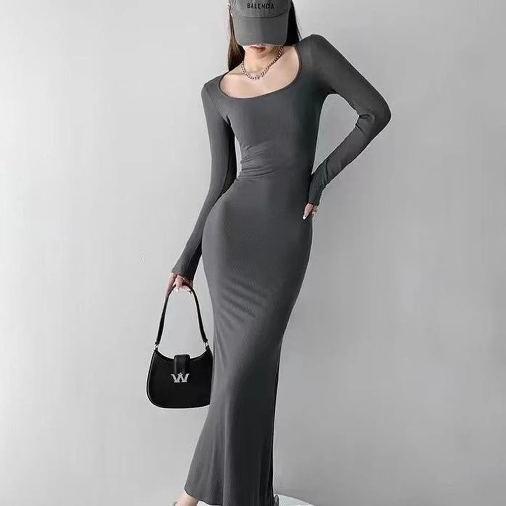 

Женское длинное платье-русалка, однотонное элегантное базовое облегающее платье с квадратным вырезом и длинным рукавом, весна