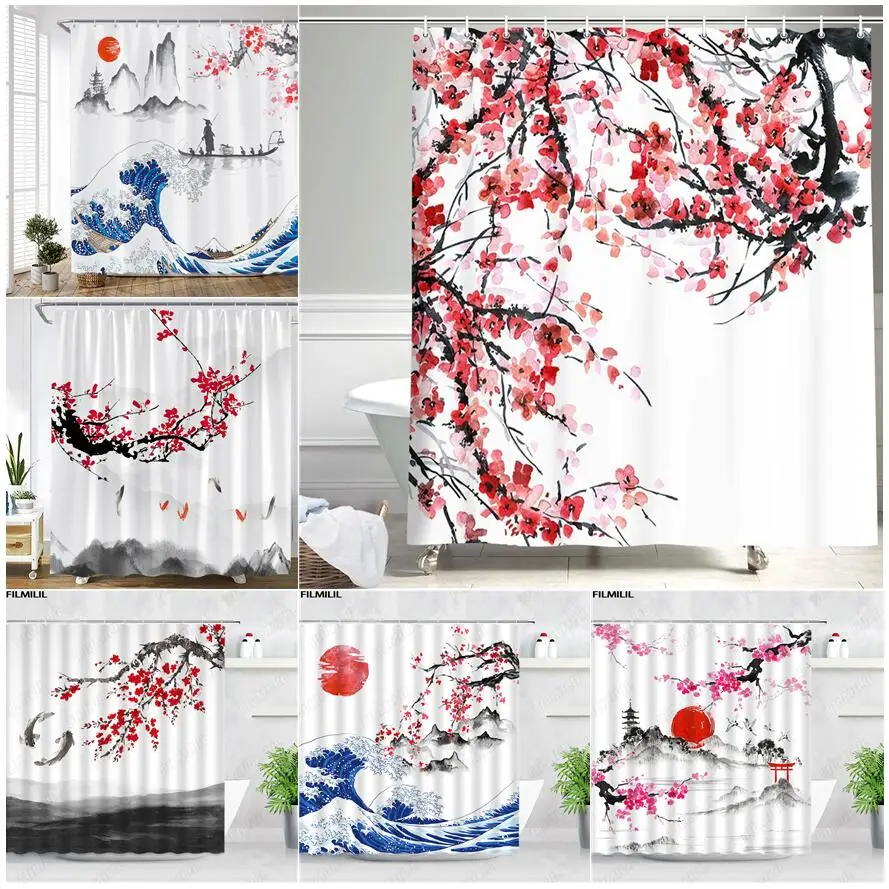 

Ink Plant Flowers Shower Curtain Red Plum Japanese Cherry Blossom Bath Curtains Watercolor Print Modern White Bathroom Decor Set