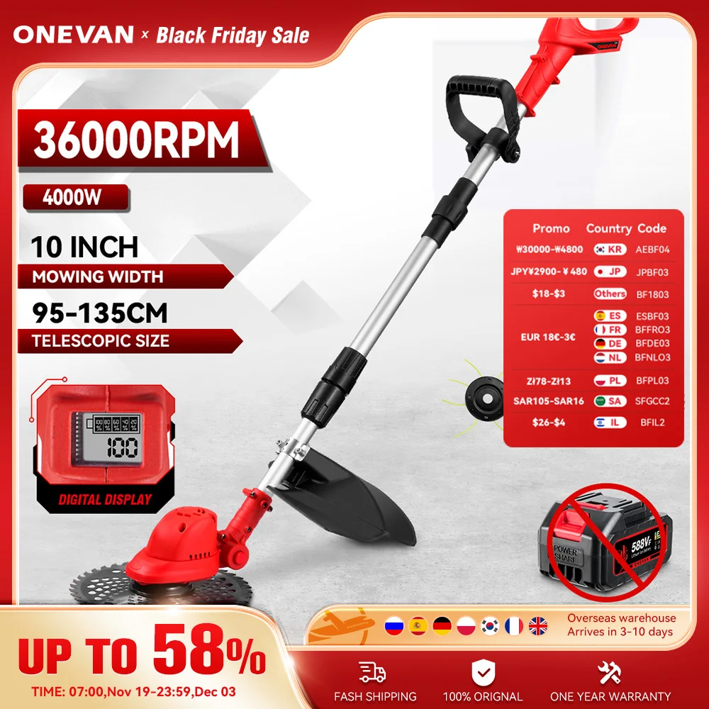 

ONEVAN Бесщеточная аккумуляторная газонокосилка 10 дюймов