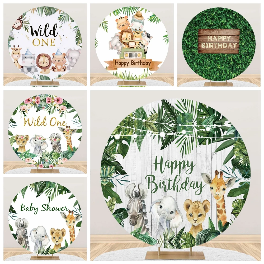

Jungle Safari Round Backdrop Cover Wild One Baby Shower Birthday Decoration Circle Elastic Photography Background Photo Props