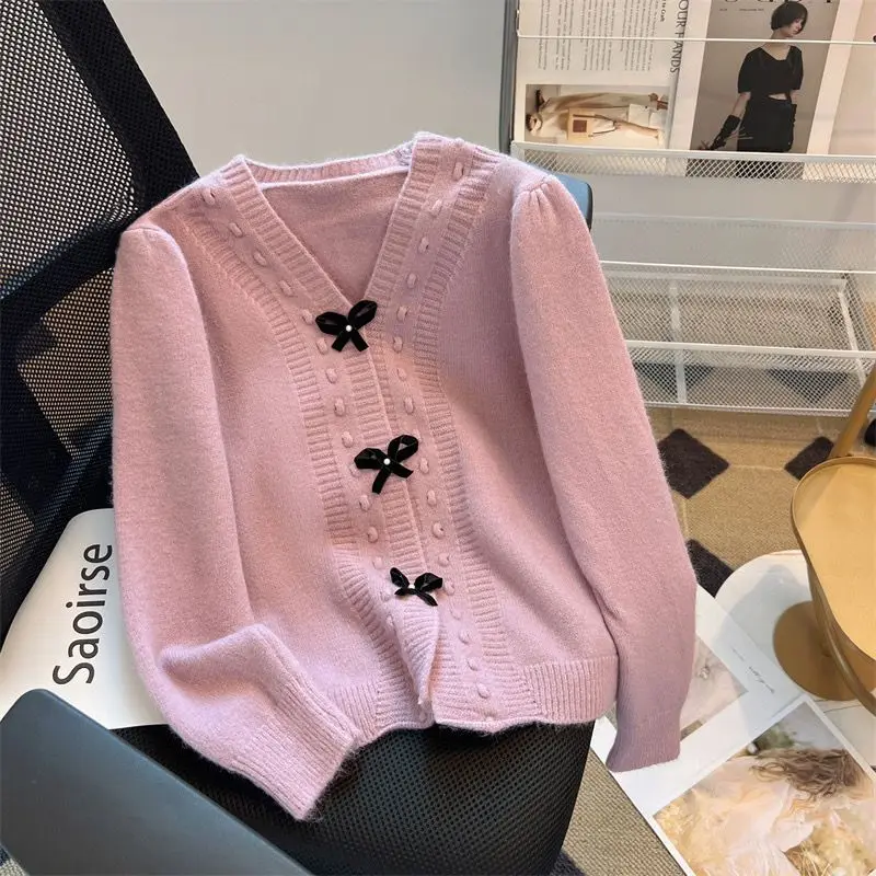 

Hikigawa 2023 весенний кардиган с V-образным вырезом и бантом в стиле пэчворк Универсальный милый вязаный кардиган японский ШИК модные женские джемперы