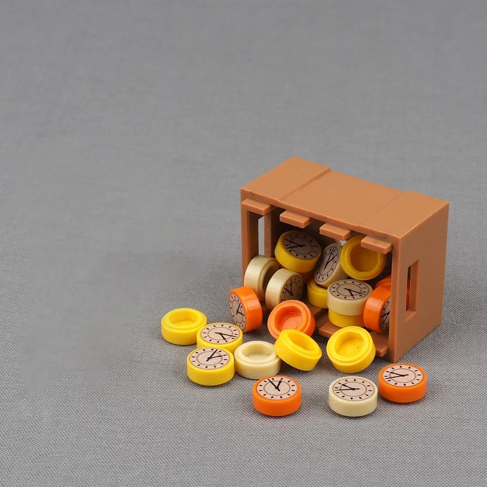 Фото Набор строительных блоков MOC 10 шт. круглых 1x1 с циферблатом часов цвета тан (98138pb259) с принтованным узором, кирпичики-плитки 98138, игрушки для мальчиков, подарки для детей №5