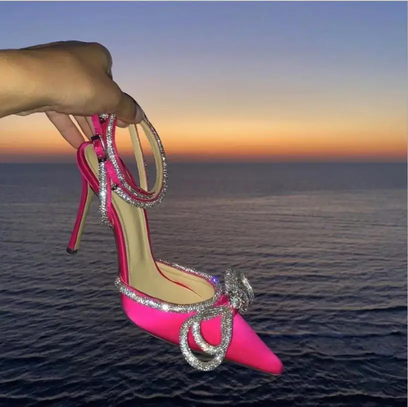 

New Summer Women Sandals Pointed Toe Butterfly Knot Crystal High-Heeled Shoes Female Pumps Thin Heel Sexy Ladies Fashion Shoes