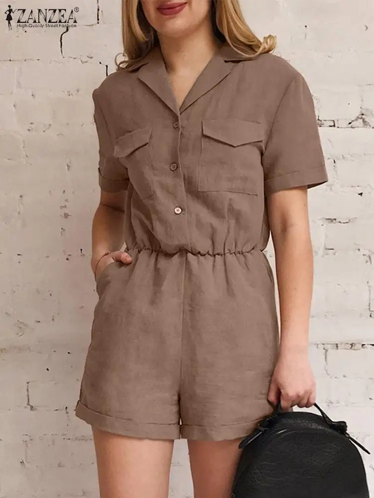 

ZANZEA 2022 Elegant Women Summer Jumpsuits Solid Overalls Short Sleeve Casual Button Lapel Playsuits Female Rompers Oversized