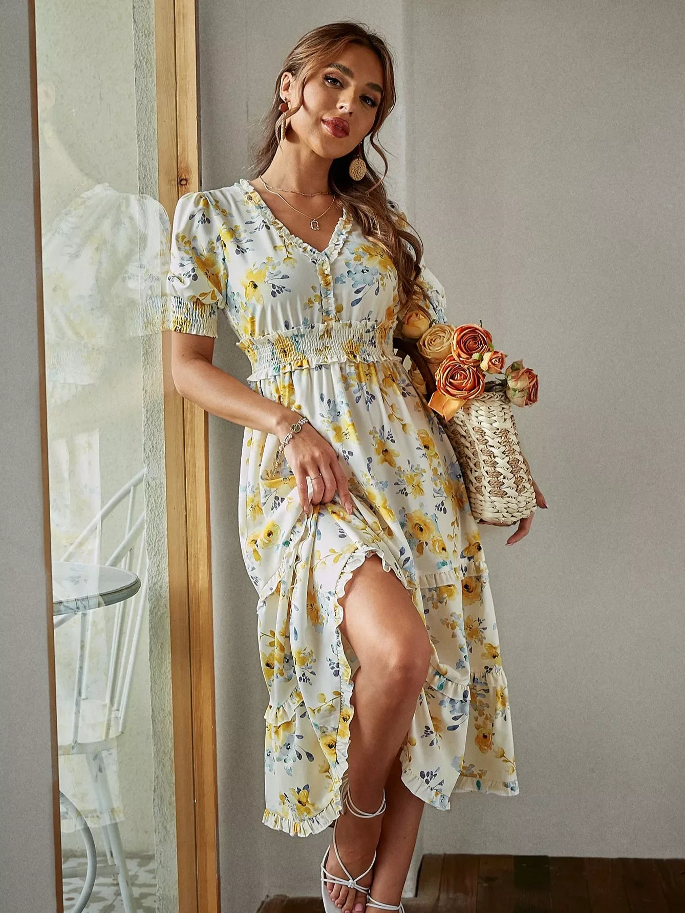

NEW IN Holiday v-neck puff sleeves ruffle print summer dress Women floral high waist long dresses A-line elastic beach vestido