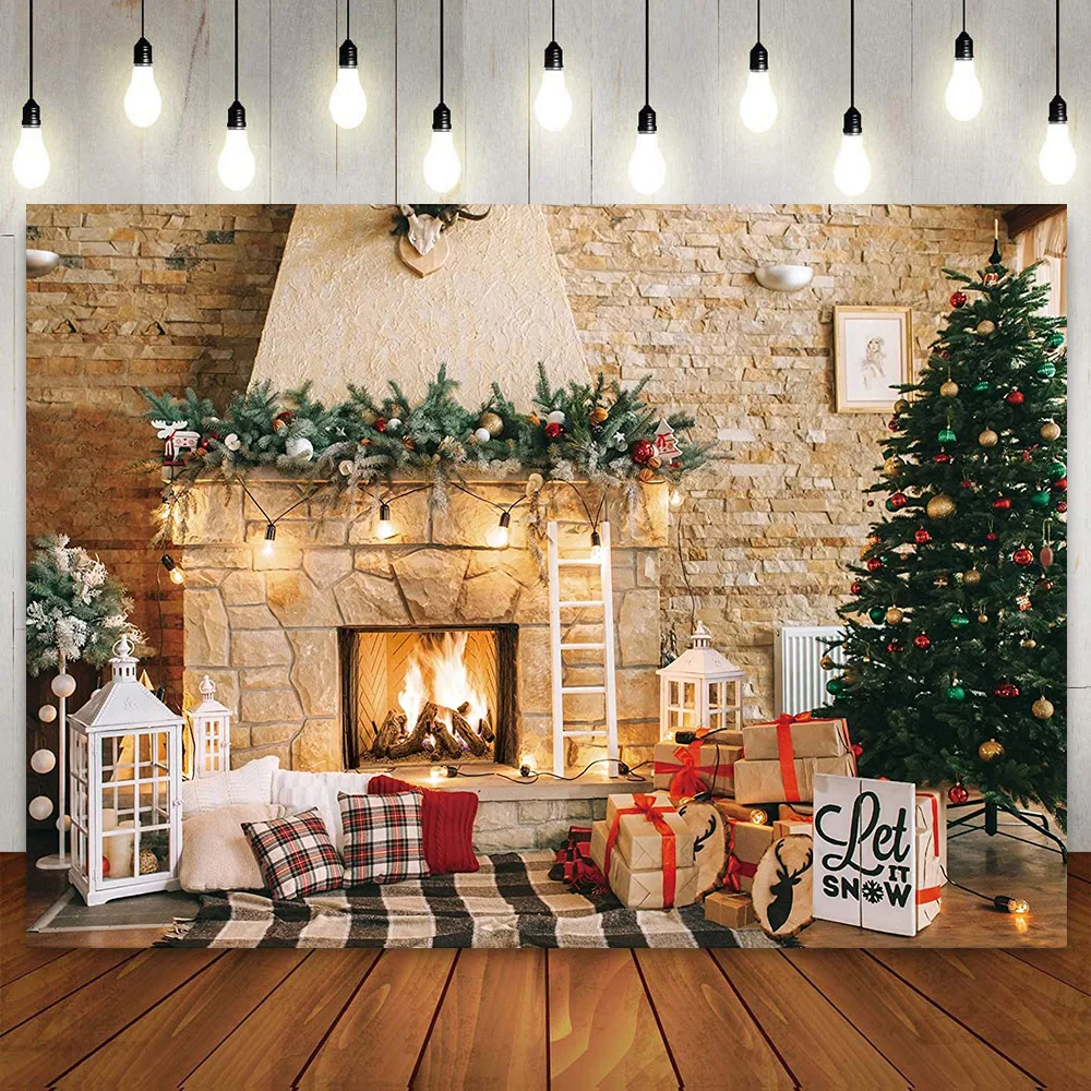 Merry Christmas Backdrop Interior Brick Wall Fireplace Photo Xmas Tree Photography Background Party Decor for Kids Family Shoot
