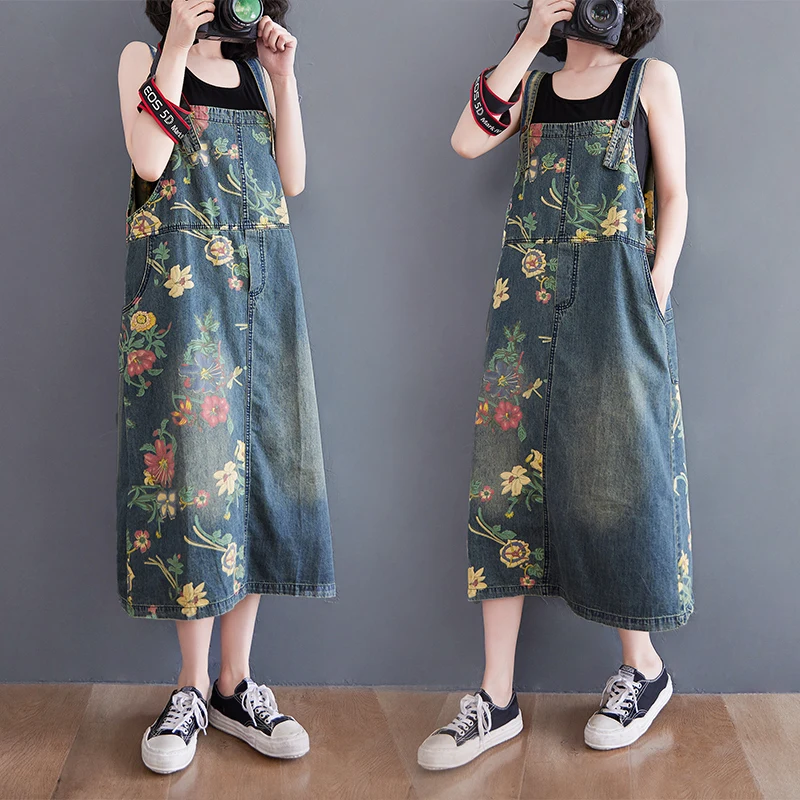 

Real Shot 2021 New Artistic Large Size Printed Loose Denim Suspender Skirt Tooling Lace-up Fashion Embroidered Casual Denim