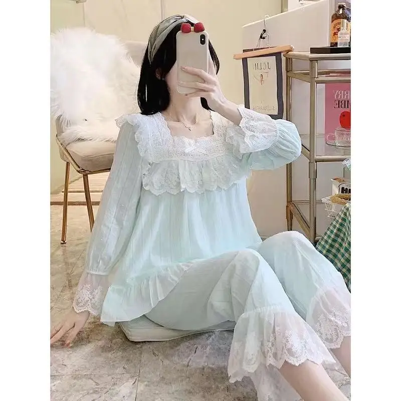 1 White gauze lovely ladies pajamas autumn new bow cotton long sleeve leisurewear suit in the spring and autumn