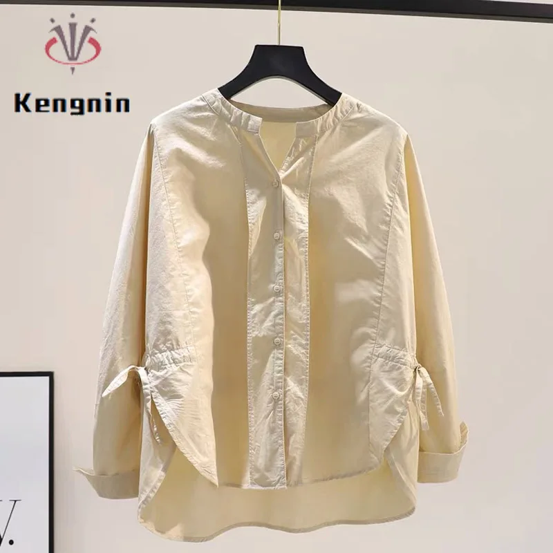 

Beige Color Women's Shirts 2023 Autumn Deigner Office Lady Work Blouse Fashion Clothes Loose Female Tops Cotton Blause KN6792