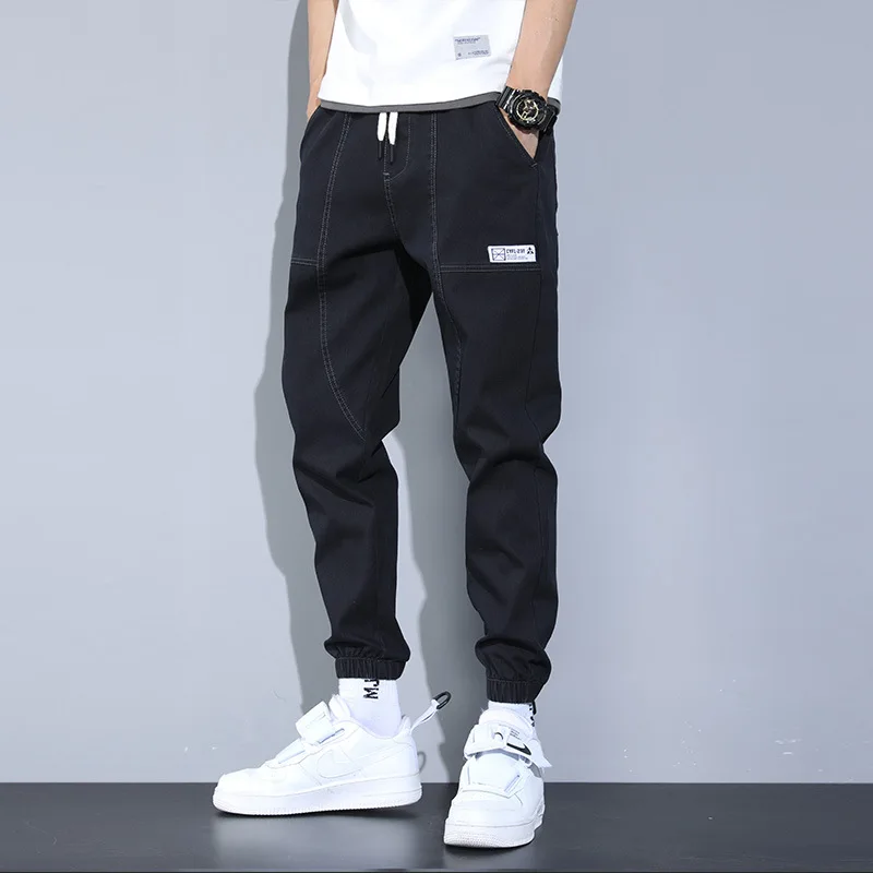 Men Jeans Spring Summer Solid Color Loose Pockets Harem Jeans Men Lace-up Mid Waist Denim Pencil Pants Trousers Streetwear Jeans