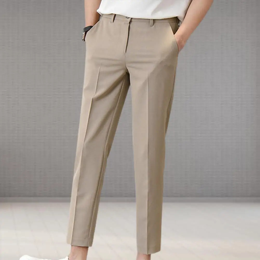 

Trendy Suit Pants Close-fitting Mid Waist Ankle Length Business Pants Anti-wrinkle Slim Fit Men Trousers Office Clothing