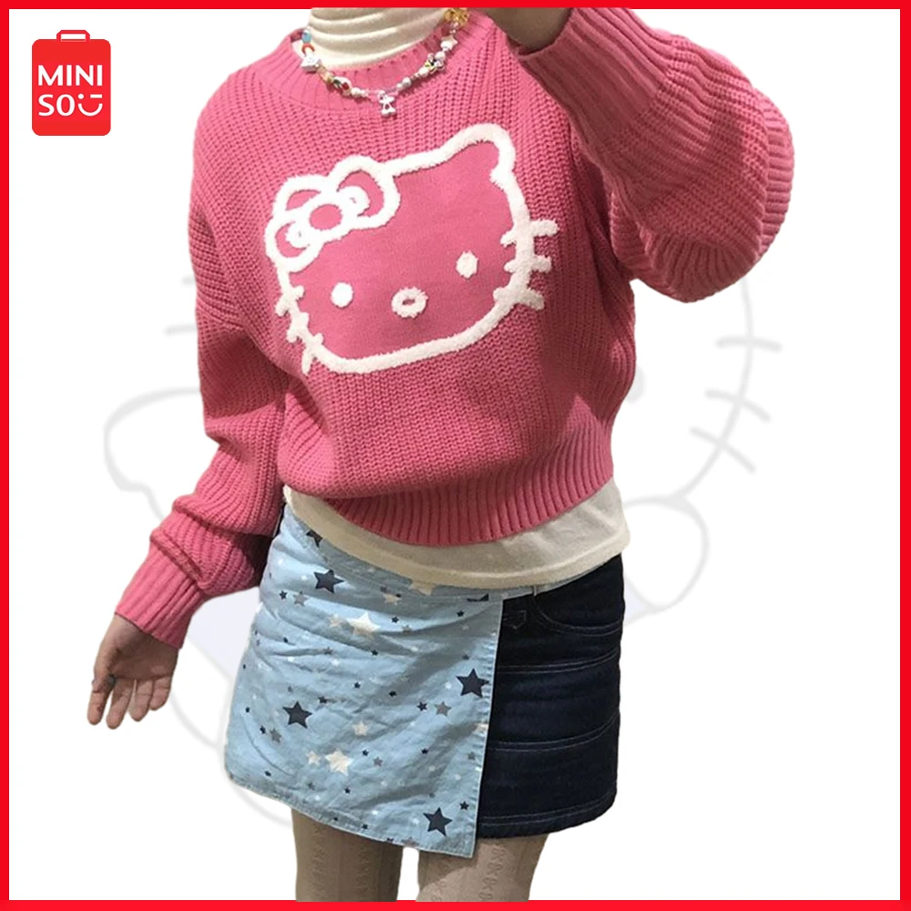 

New Miniso Sanrio Hellokitty Japanese Autumn Winter Sweater Women Y2K Spice Girls Slim Top Round Neck Pullover Knit Long Sleeve