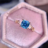elegant silver ring sterling lab blue moissanite square cut women lady wedding engagment party gift box