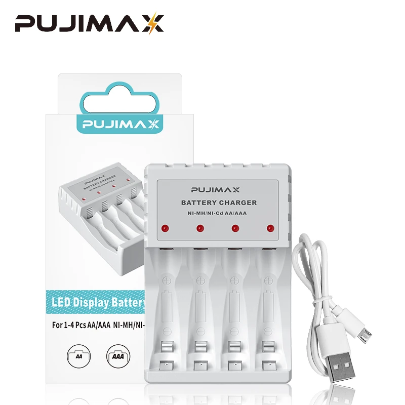 

PUJIMAX 4 Slots Smart Battery Charger With USB Cable Fast Charging Adapter 1.2V For AA/AAA Ni-MH Ni-Cd Rechargeable Batteries