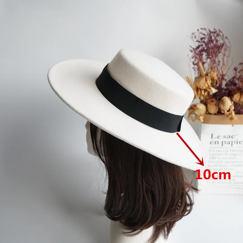 

202301-pan dropshipping British winter wool felt Custom-made 10cm brim milk white fedoras cap men women panama jazz hat