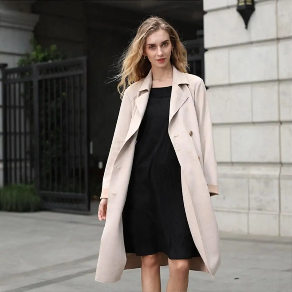 Women Winter Double Breasted Trench Real Leather Coat Long Lapel Belted Jacket Leisure Designer Thermal Pure Color Windbreake