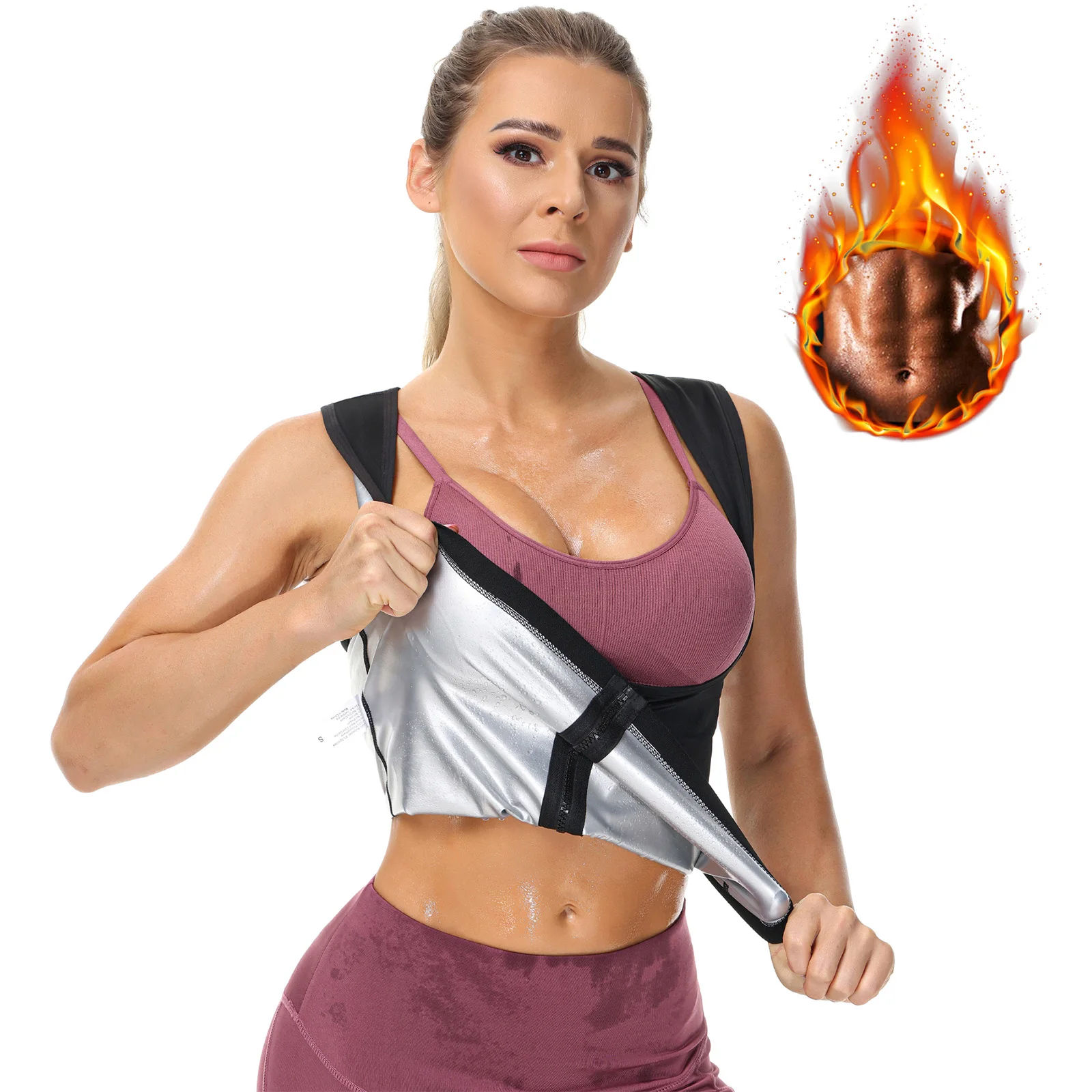 Women Slimming Sauna Vest Shirt Body Shaper Waist Trainer Sweat Corset with Zipper Gym Fitness Tank Top Sport Vest Weight Loss