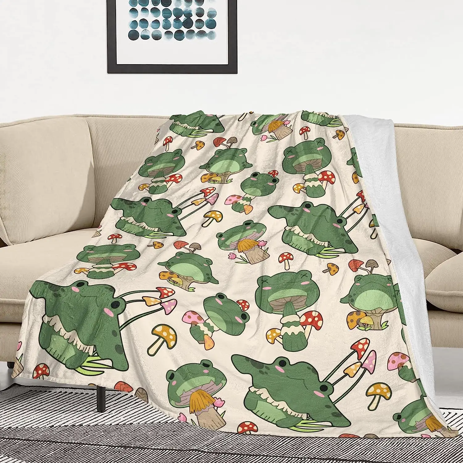 Фланелевое флисовое покрывало в виде грибов и лягушек легкий милый уютный