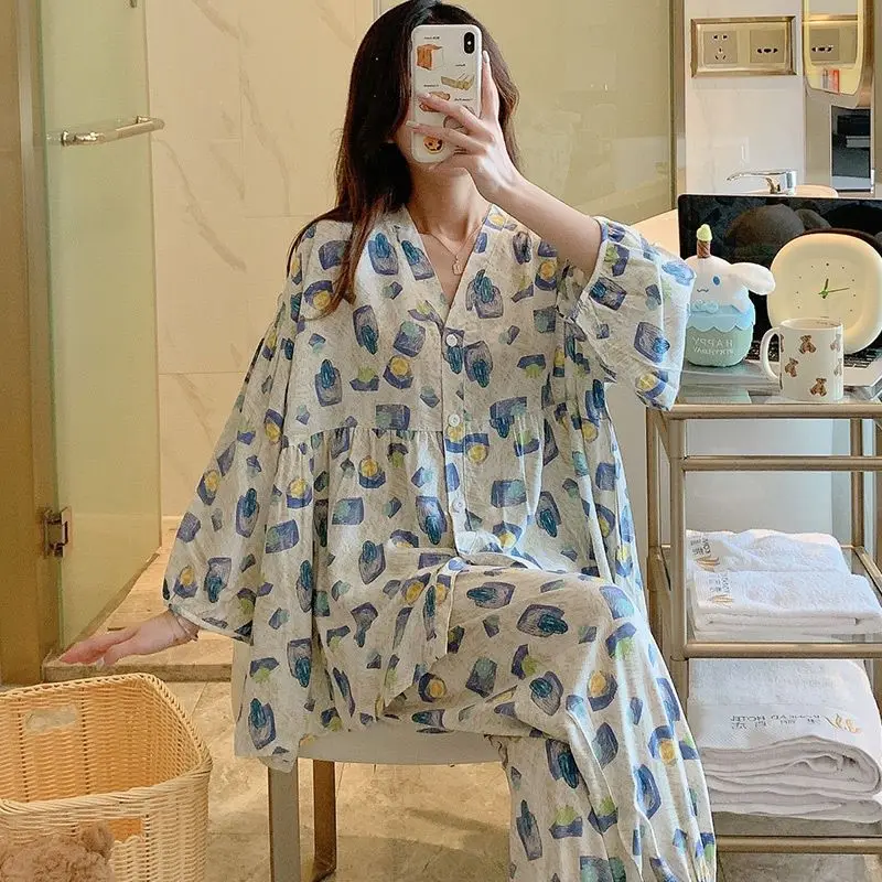 1 Long sleeve cotton silk pajamas women in the spring and autumn thin girl leisurewear bourette suits summer big yards