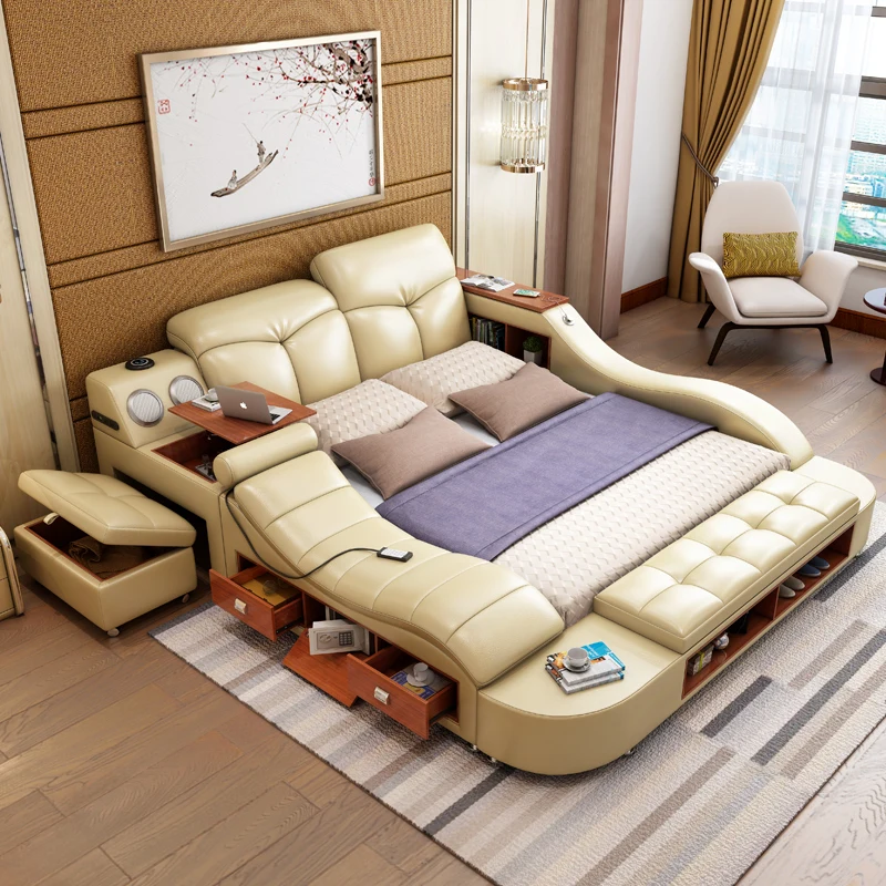 Unique European Frame Double Bed Simple Wood Headrest Massage Queen Home Luxury Floor Letto Multifunzione Bedroom Furniture