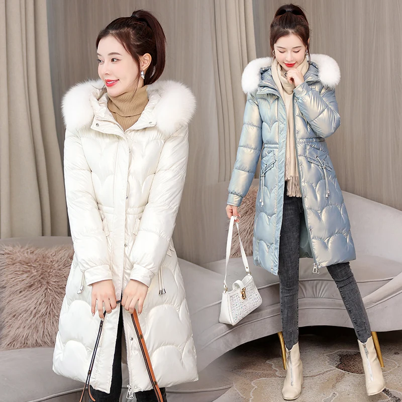 Winter Jacket Down Parka Women New Fashion Hooded Big Fur Collar Cotton Padded Jackets Thick Warm Glossy Long Waterproof Coat