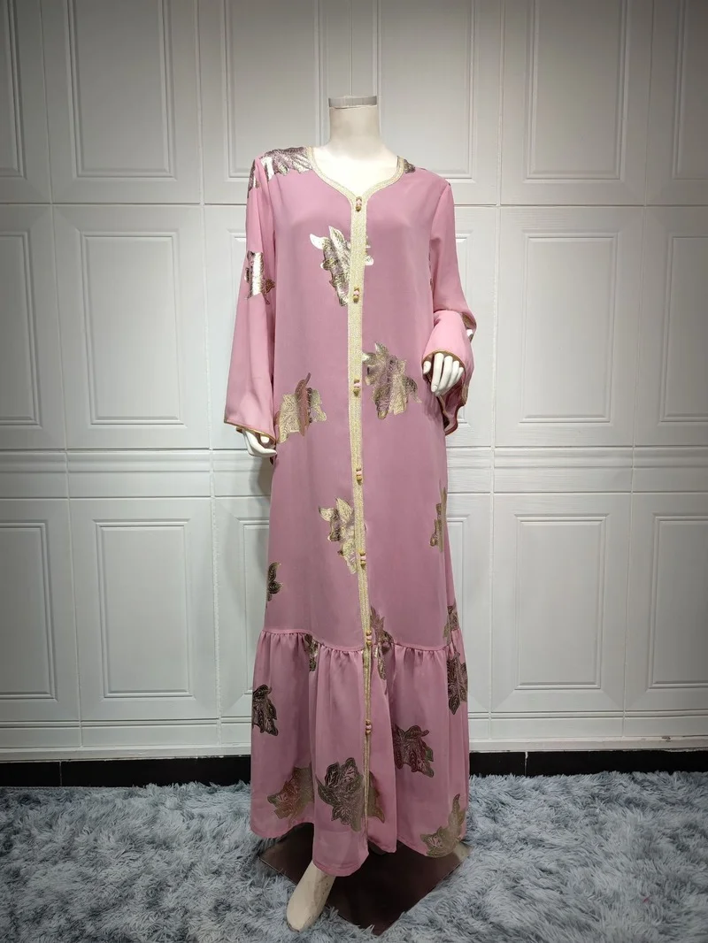 Muslim Dress Women Moroccan Jalabiya Dubai 2022 Pink Chiffon Gold Stamping Abaya Femme Turkish Dresses Free Shipping