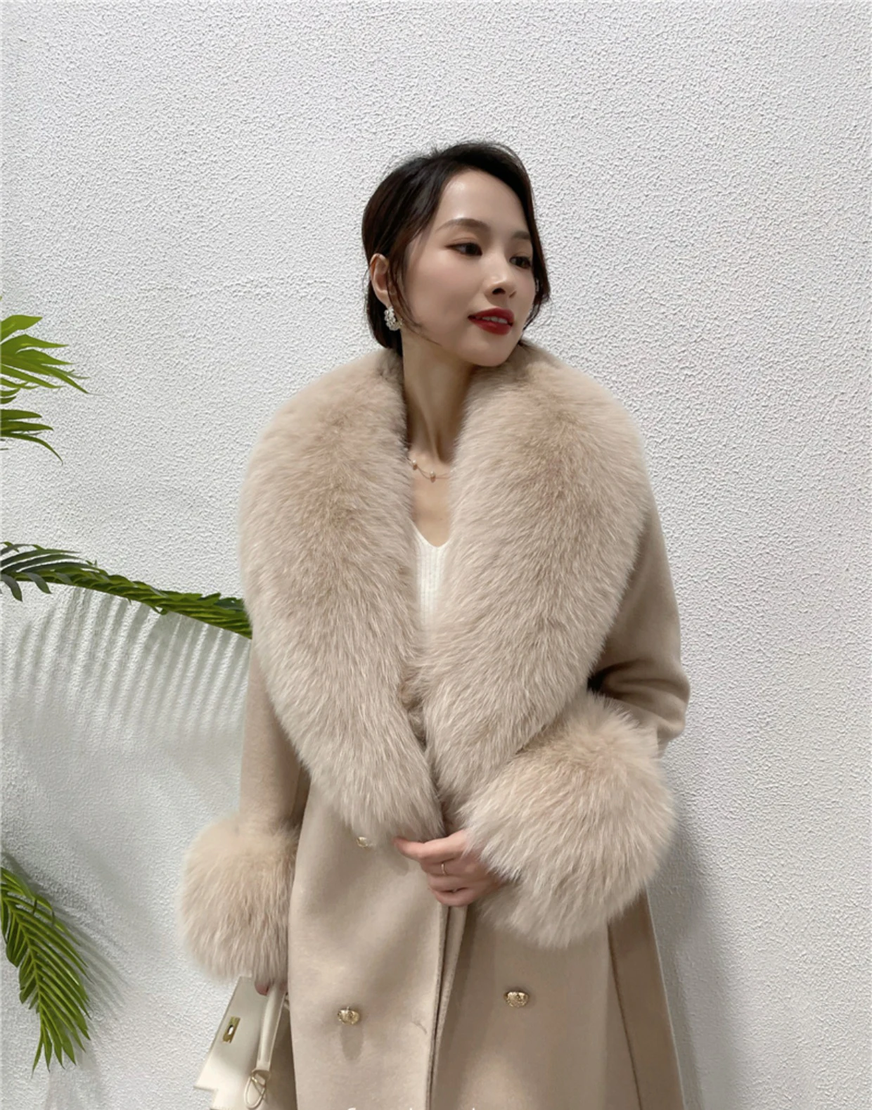 2022 Cashmere Wool Blends Real Fur Coat Belt Winter Jacket Women Natural Fox Fur Collar Cuffs Streetwear Outerwear  X-long