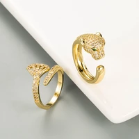 fashion gold color metal white zircon leopard head open ring punk vintage adjustable ring for women party jewelry gift