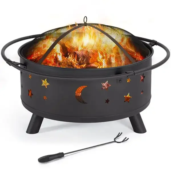 

SMILE MART Iron Fire Pit Set Heating Equipment Camping Fire Bowl with Poker Mesh Cover for BBQ Backyard Patio Outdoor Fireplace