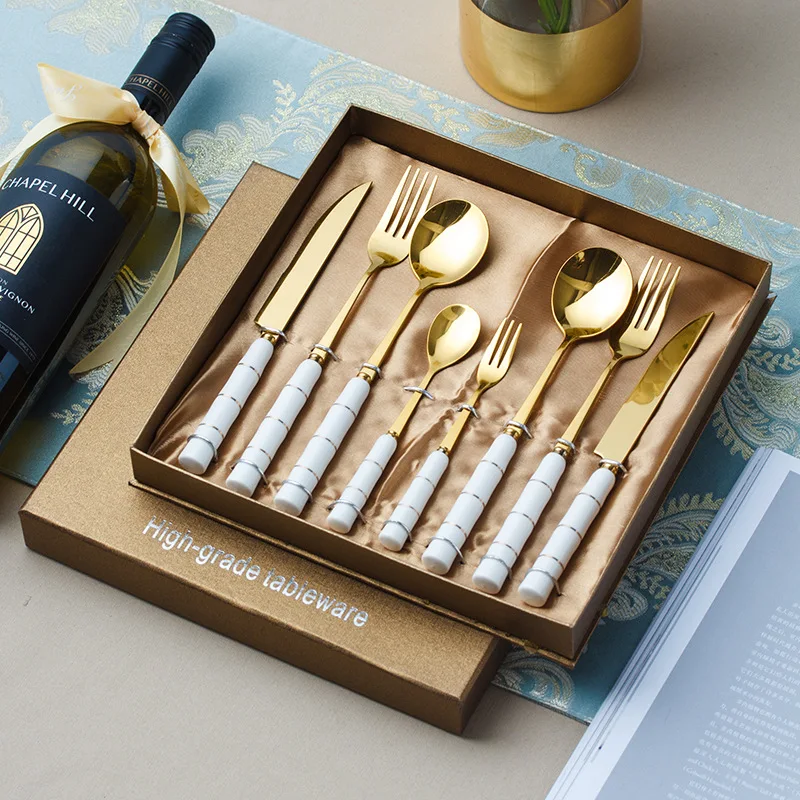 

Cathylin Ceramic Handle Western Flatware 4 pcs Stainless Steel Cutlery Set Knife Fork Spoon Teaspoon Dinner Set Dinnerware Set