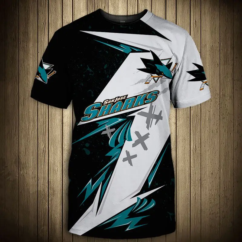 

San Jose fashion casual men Sharks t-shirt Stitching design geometric pattern cartoon fish print cool tops