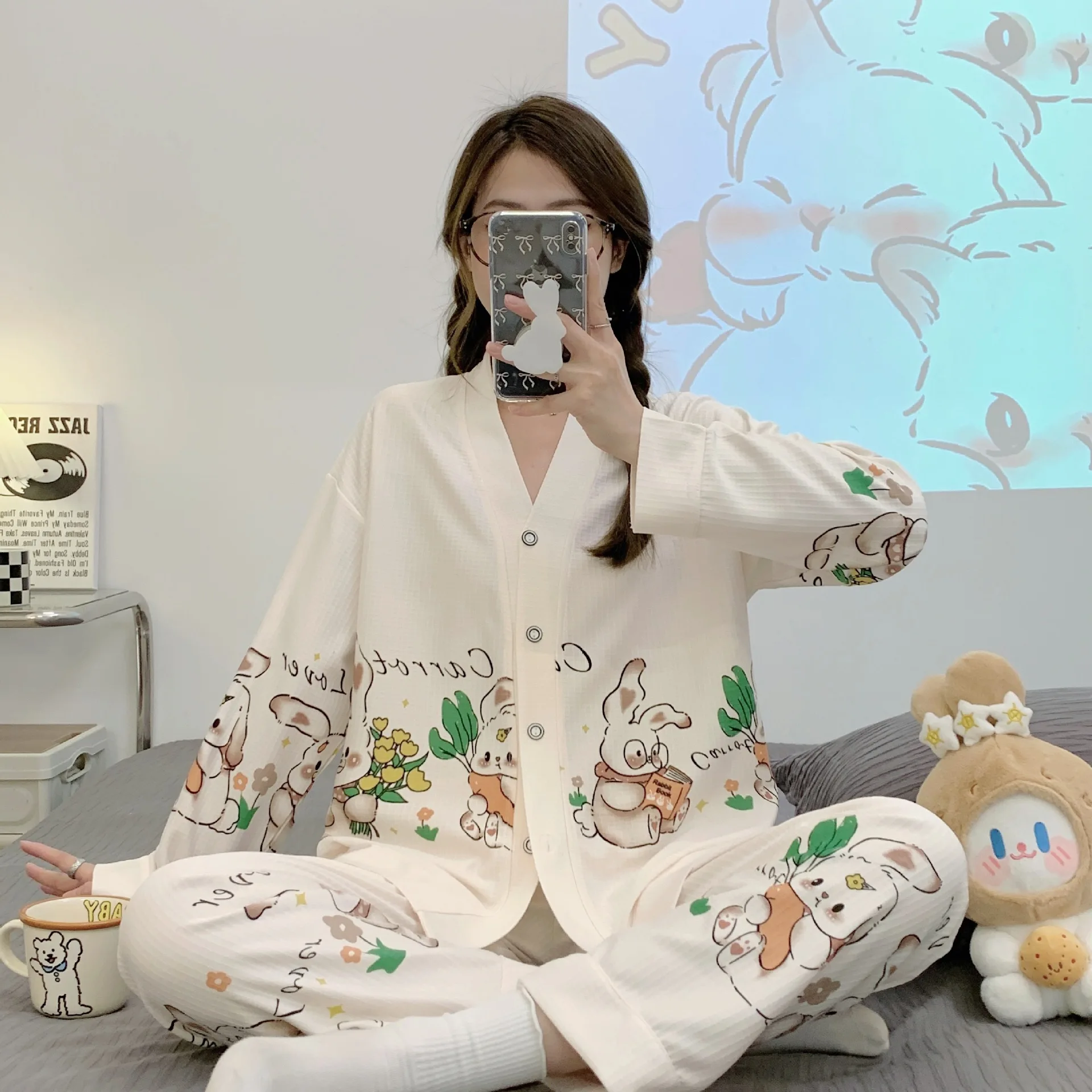 Long Sleeve Pajama Set for Women Girls Knitted Cotton Female Sleepwear 2 Piece Cartoon Home Clothes Walf Checks Nightgown Spring