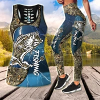 bass fishing blue tattoos camo 3d printed tank toplegging combo outfit yoga fitness legging women