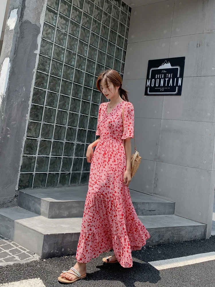 

New one-shoulder long puff sleeves squre neck florl chiffon dress women's summer slim mid-length