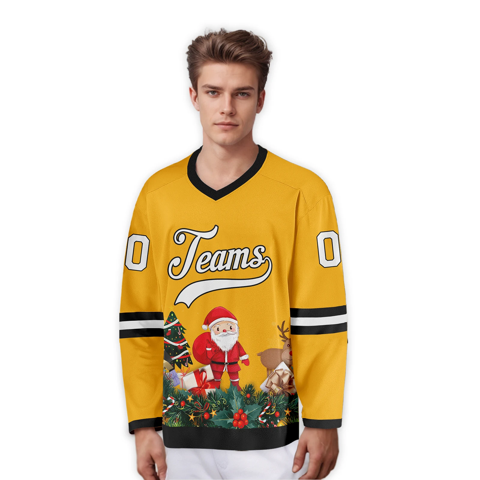 Желтый хоккейный трикотаж Рождественский Санта-Клаус индивидуальный принт имя