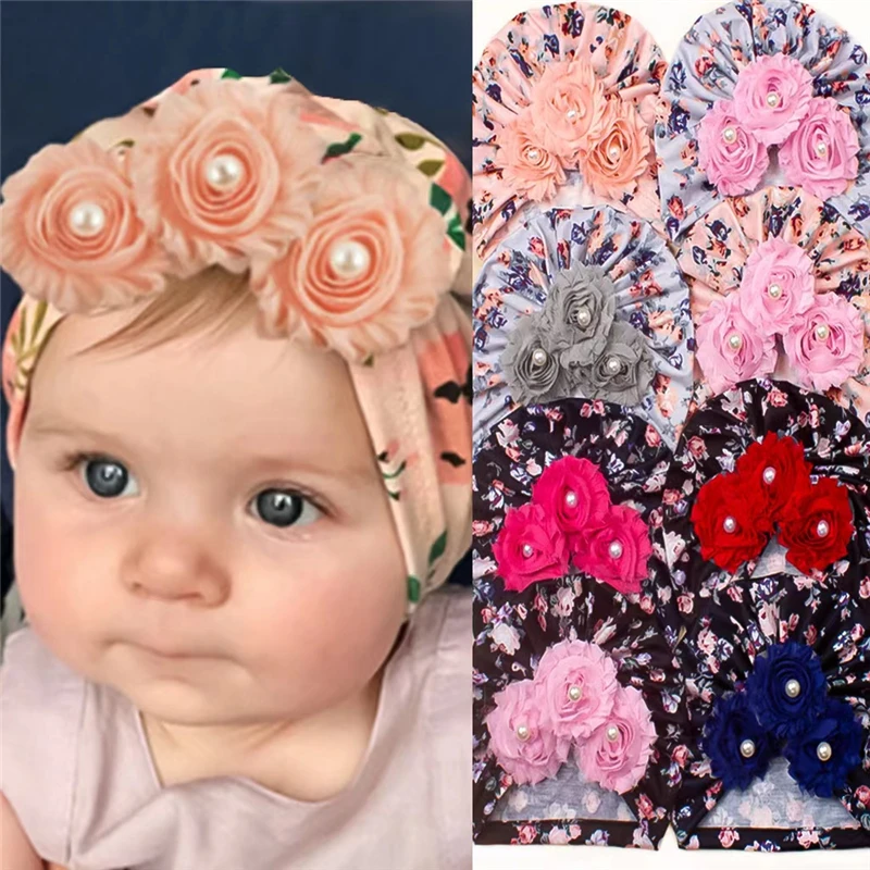 

8Pcs/Lot Infant Newborn Caps with Pearl Chiffon Flowers Cotton Blend Kont Turban Girls Stretchy Beanie Hat Baby Hair Accessories