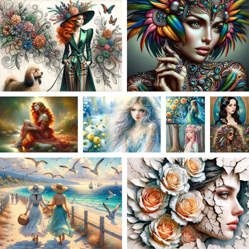 para portretowa dziewczyna kwiaty wstępnie wydrukowane wzory haftu krzyżykowego szycie rzemiosło robótki malowanie magia wystrój domu biżuteria