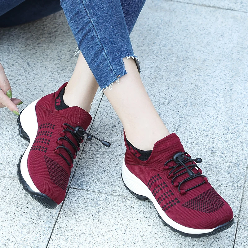 Womens Fashion Flat Platform Sneakers for Women Breathable Mesh Walking Shoes Ladies Lace for Sock Sneaker Plus Size35-45