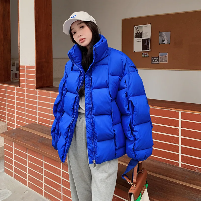 

Casual Fashion Women Weave Plaid Puffer Coats Autumn Winter Down Cotton fill Parkas Hatless High Collar Jackets for Woman 2023
