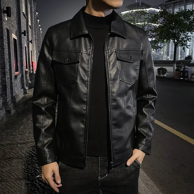 

LUCLESAM Men's Lapel Leather Jackets Man Motorcycle Jacket Slim Fit Autumn and Winter New Casual Korean Version PU Leather Coats