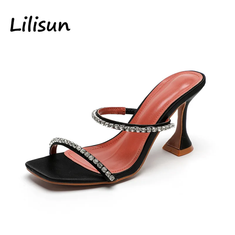 

Women Slippers Luxury Shoes Square Toe Crystal Band High Heels Slides Open Toe Ladies Dress Shoes Zapatos De Mujer Plus Size 42