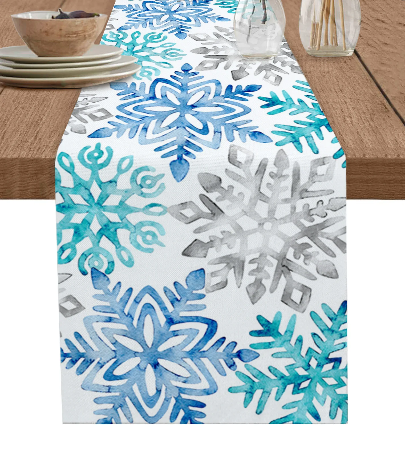 

Home Decor Table Runner Wedding Decoration Tablecloth Kitchen Table RunnersChristmas Blue Green Snowflakes