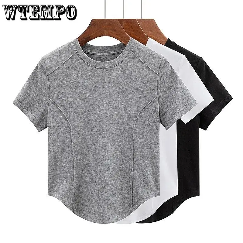 

WTEMPO Summer New Korean O-Neck Arc Hem T-Shirts Women Fashion New Slim Fit Pure Cotton Solid Short Sleeve Tops Bottoming Shirts