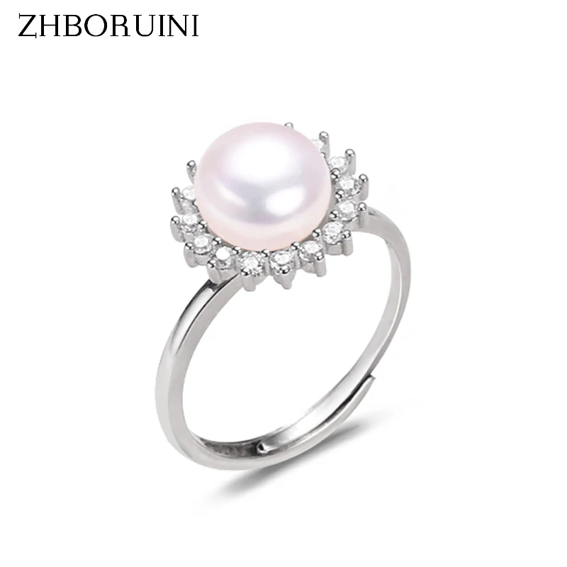 

Жемчужное кольцо ZHBORUINI с круглым жемчугом, 100% натуральный жемчуг, искусственное серебро, цирконий AAA, блестящее кольцо от солнца, женское сва...