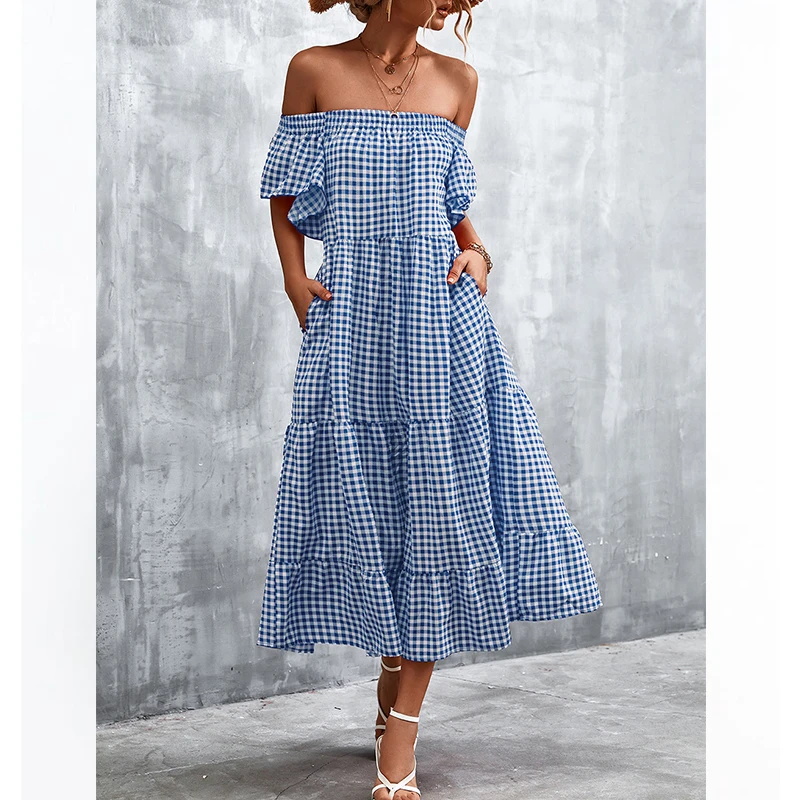 

Elegant Chic Ruffled Short Flared Sleeve Plaid Dress Women SUMMER Dresses 2022 New Slash Neck High Waist Swing A-line Long Dress