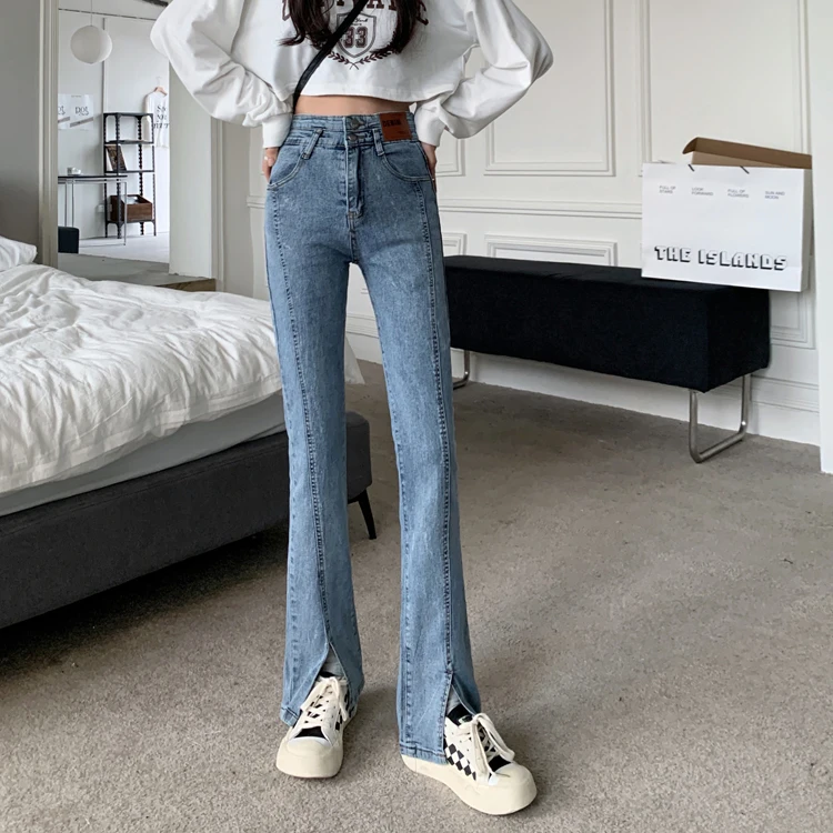 

DD3003 новые модные прямые штаны с завышенной талией стройнящие микро-расклешенные брюки с разрезом джинсы