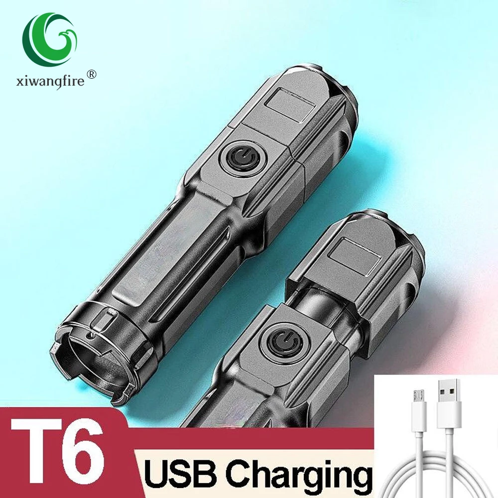 

Portable T6 LED Flashlight Outdoor ABS Strong Light Zoom Rechargeable Flashlight 3 Modes Built-in Battery tactical Torch Lighter