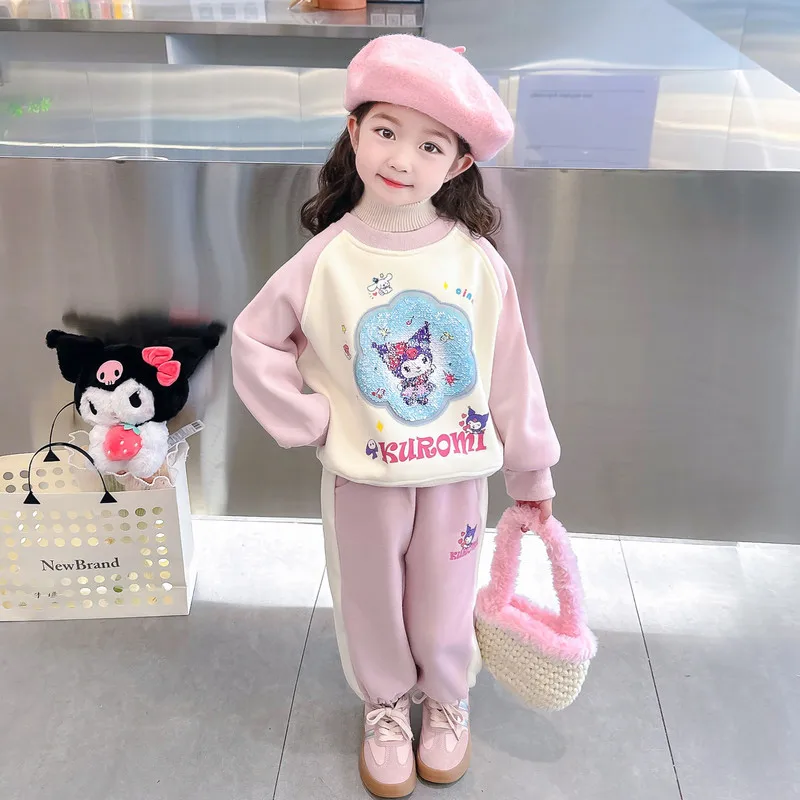 

Sanrioed Children Autumn Winter Long Shirt T Shirts Sweater Pants 2Pcs Suit Anime Kuromi Melody Cinnamorol Girl Y2K Sportswear